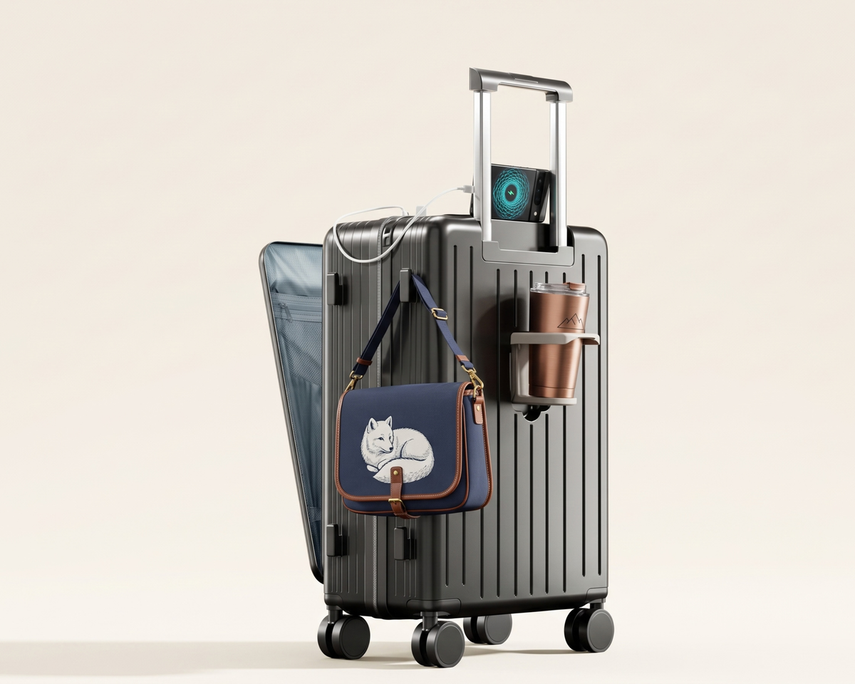 Minimalist Carry-On Luggage with Cup Holder & Phone Stand – Stylish Travel Suitcase