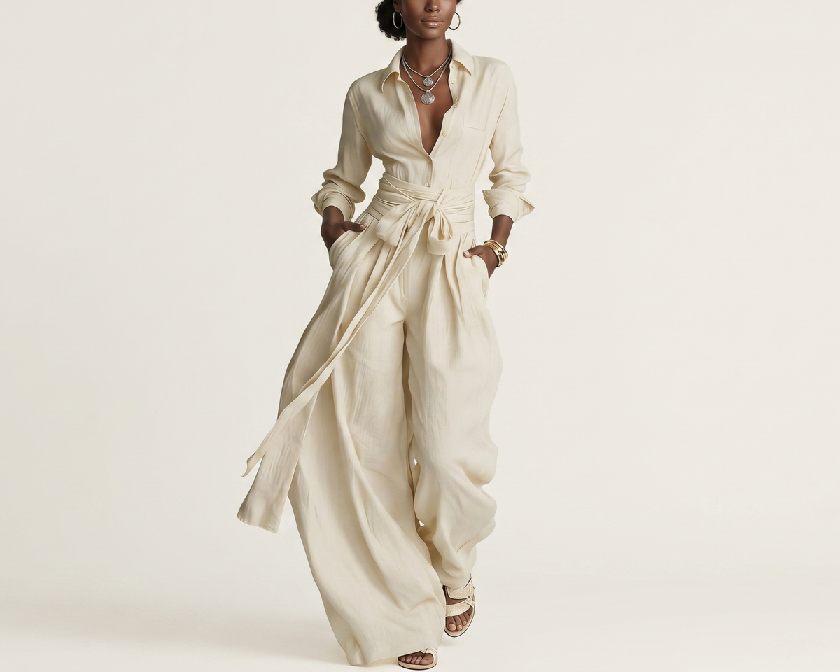 Linen Blend Wide-Leg Pants Set – Vintage Casual Two-Piece Outfit