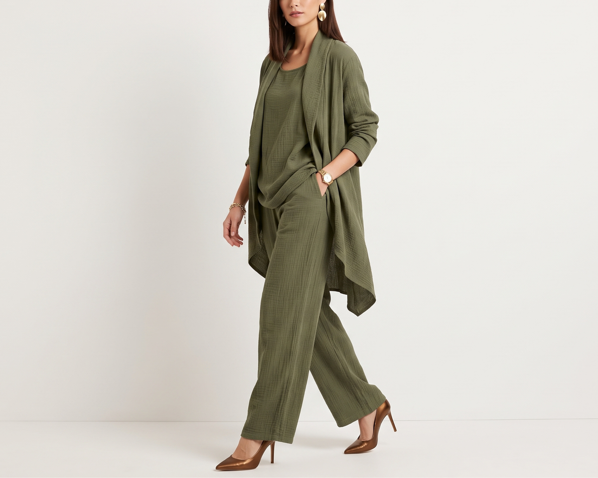 Loose-fitting Solid-color Three-piece Set Cardigan Jacket And Wide-leg Pants