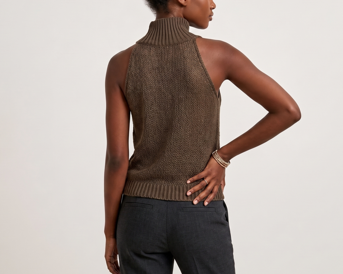 Women’s Hollow Out Knit Top, Sleeveless High Neck Top, Loose Fit Halter Shirt, Elegant Casual Office Top, Brown Navy Blue Top
