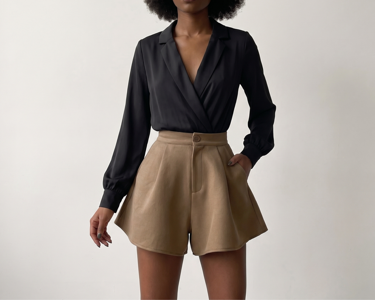 Retro High Waisted Pleated Shorts, A-Line Wide Leg, Black Polyester Summer Bottoms