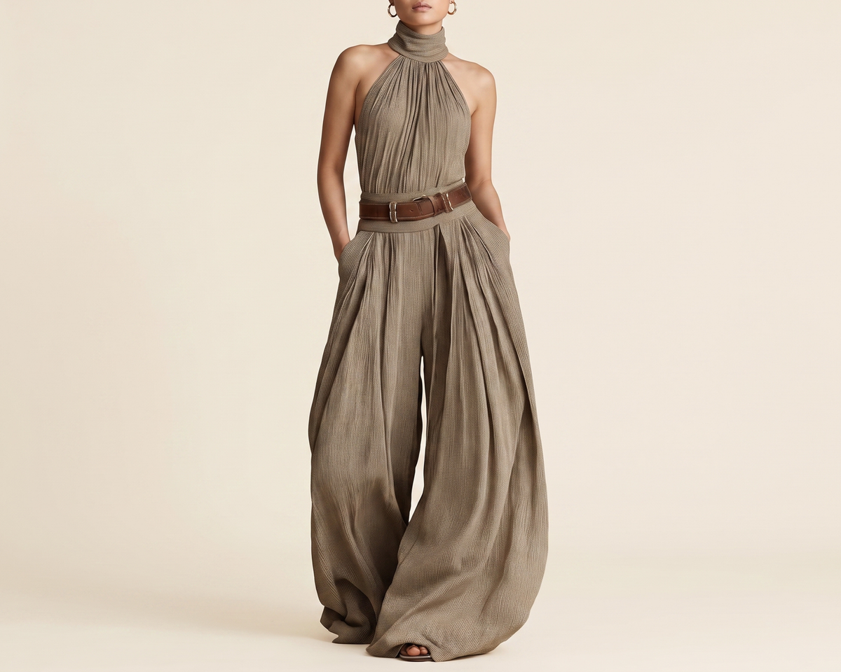Elegant Halter Neck Pleated Wide-Leg Jumpsuit, Khaki Polyester Outfit
