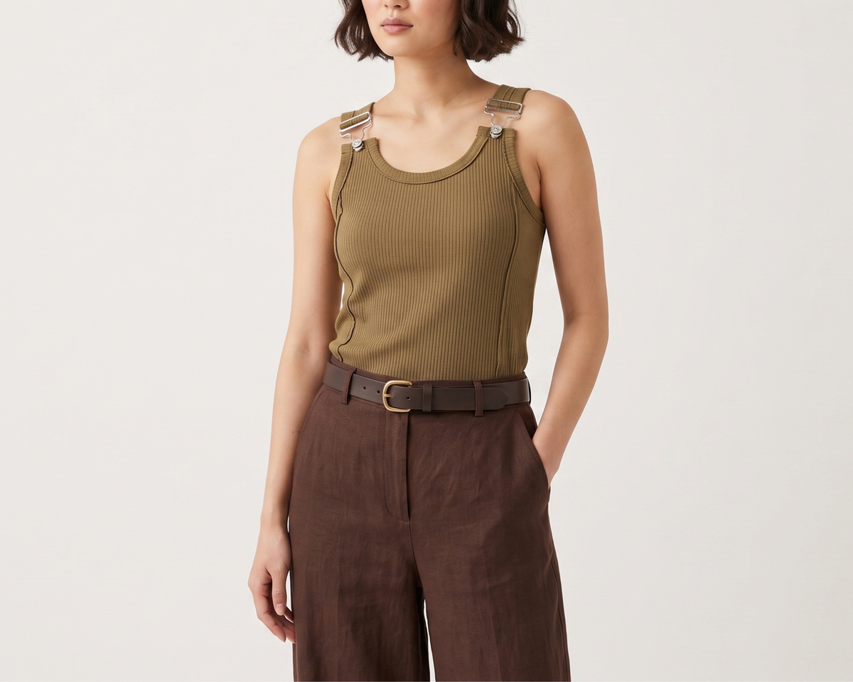 Ribbed Double-Strap Buckle Tank Top – Women’s Sleeveless Fitted Summer Top