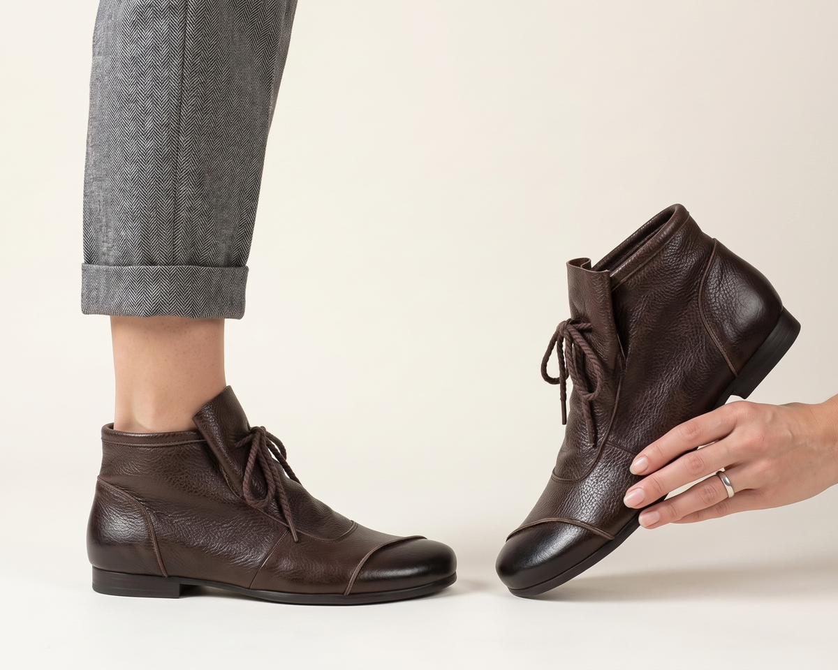 Genuine Leather Women’s Boots, Retro Lace Up Mid-Calf Boots, Soft Comfortable Casual Boots, Round Toe Autumn Winter Footwear