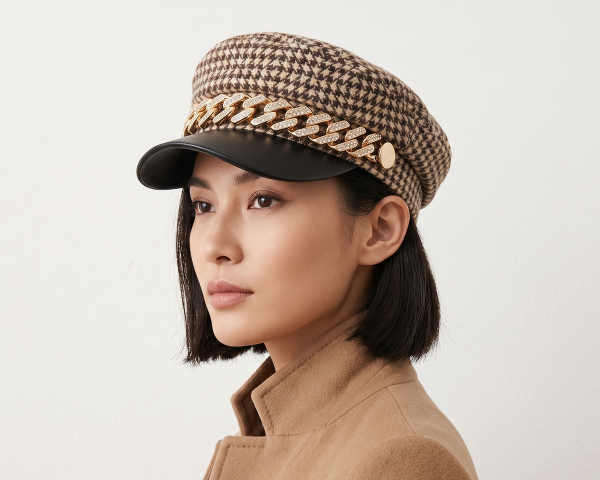 Vintage Houndstooth Newsboy Cap, Gold Chain Detail, Adjustable Baker Boy Hat