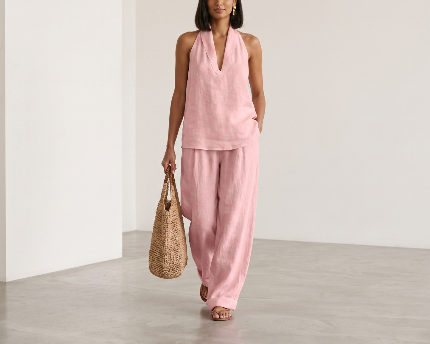 Women’s Summer Two Piece Set, Sleeveless Halter Top, Wide Leg Pants, Casual V Neck Outfit, Vacation Resort Wear