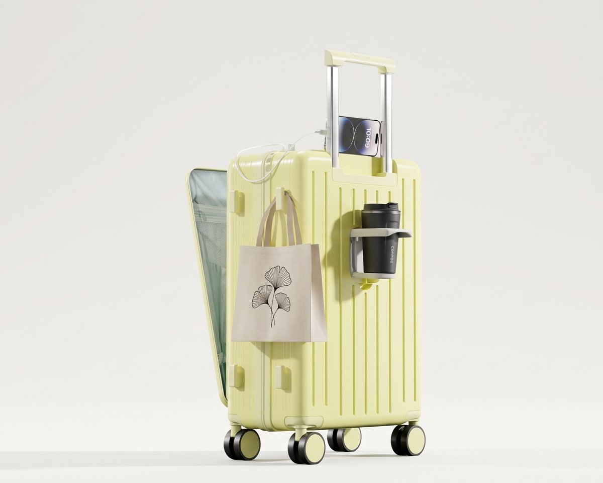 Minimalist Carry-On Luggage with Cup Holder & Phone Stand – Stylish Travel Suitcase
