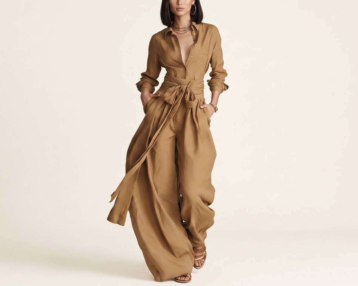 Linen Blend Wide-Leg Pants Set – Vintage Casual Two-Piece Outfit