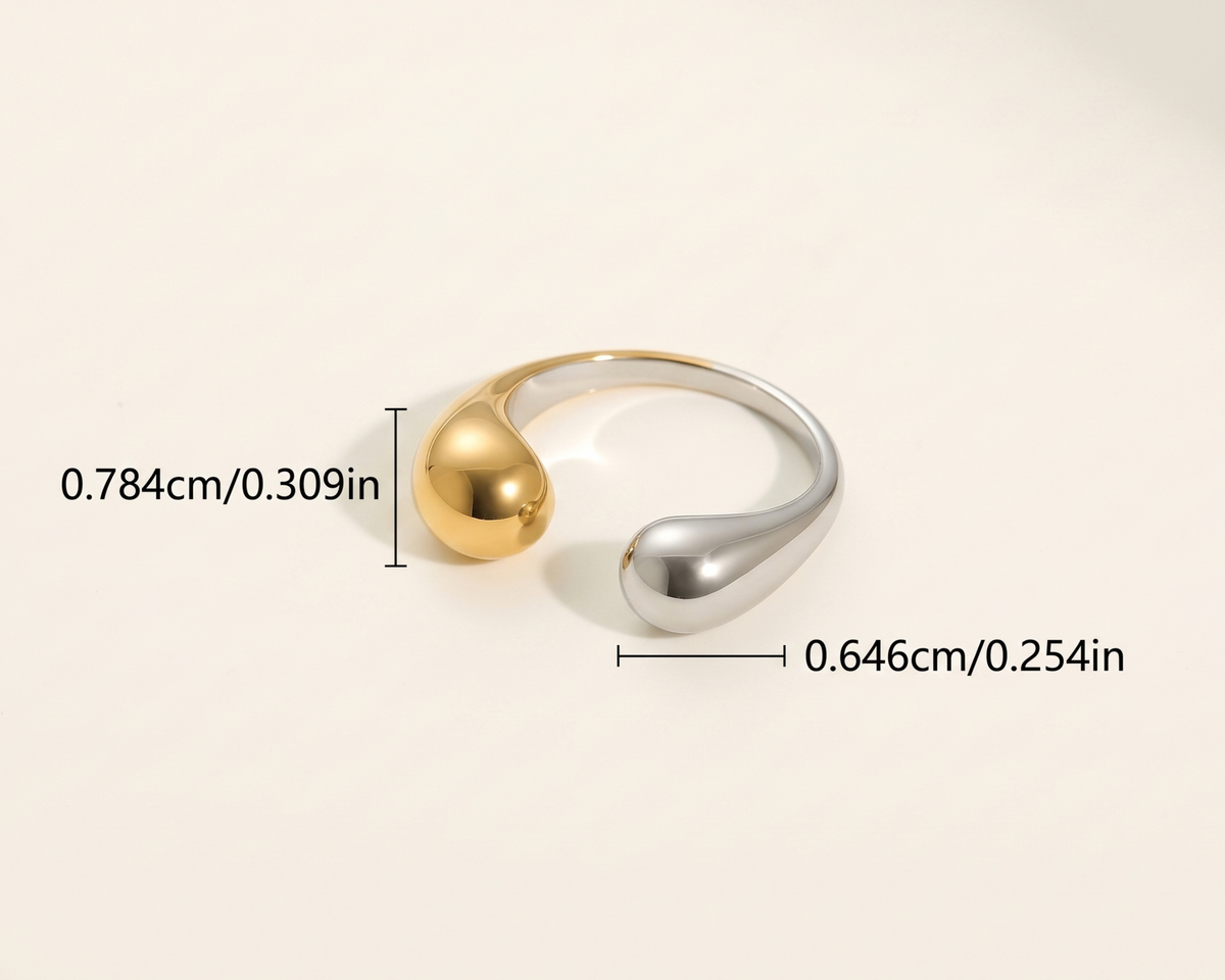 Two Tone Gold Silver Ring, Water Drop Ring, Stainless Steel Statement Ring, Adjustable Geometric Ring, Modern Women's Jewelry, Gift for Her