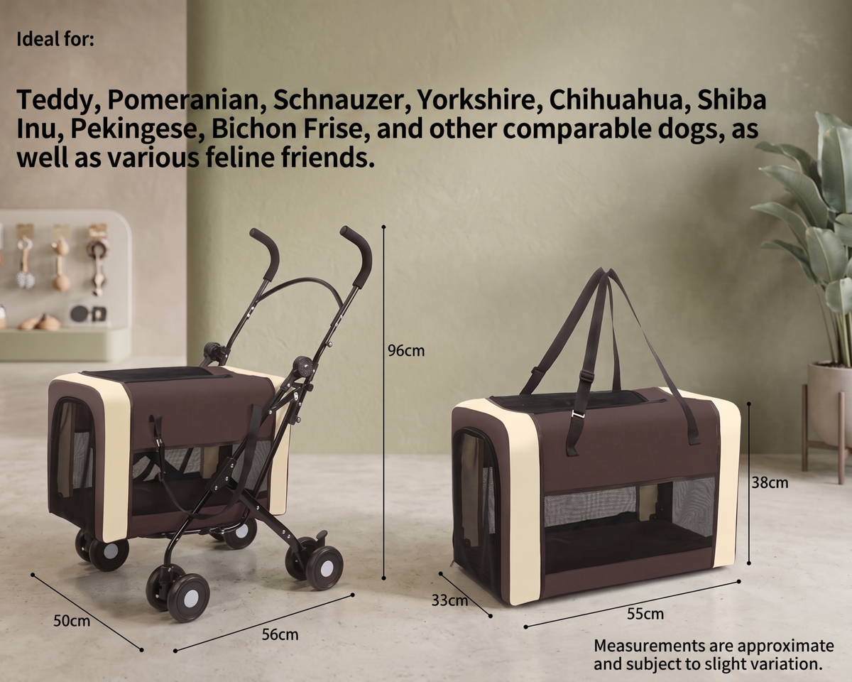 2-in-1 Foldable Pet Stroller Detachable Carrier, Lightweight Travel Cat Dog Stroller