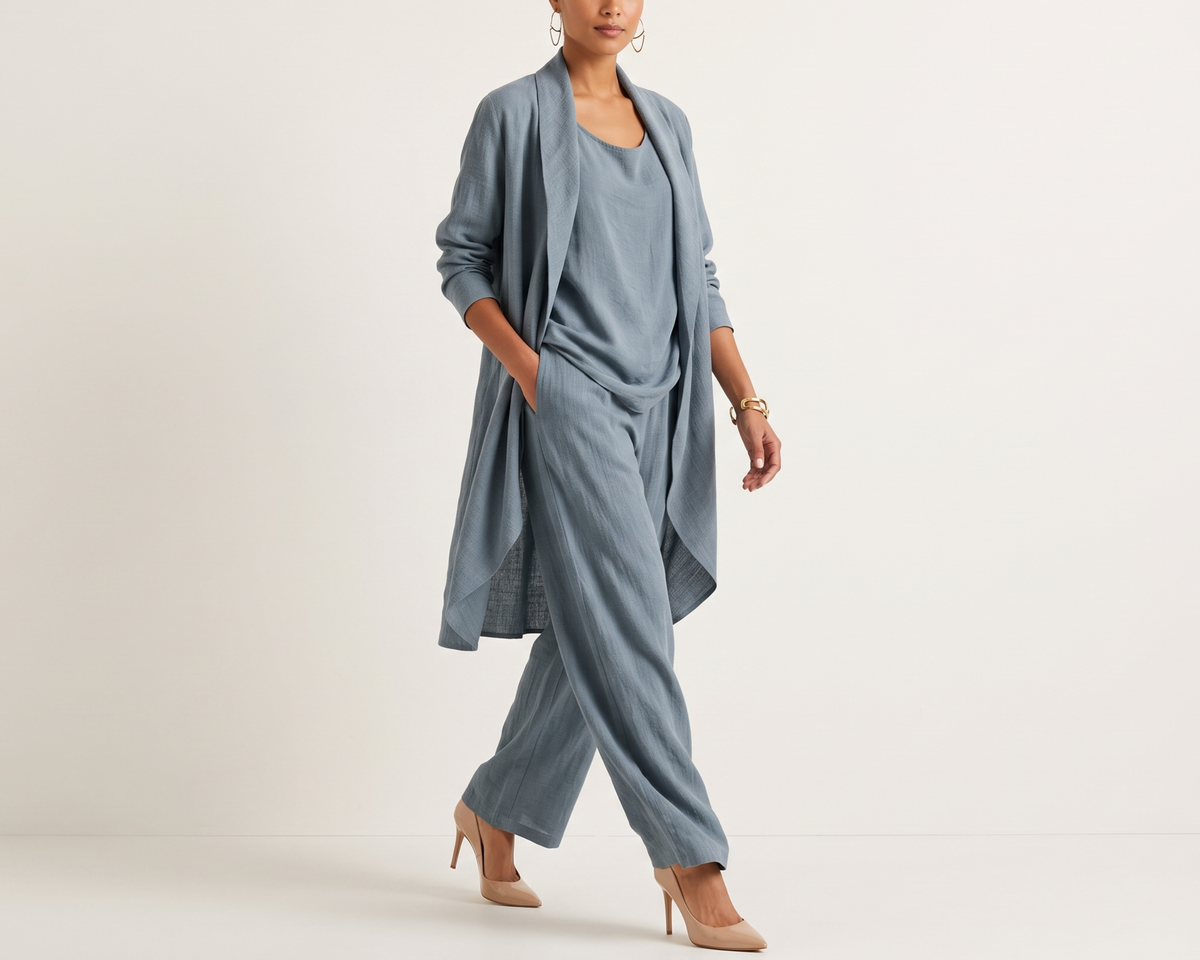 Loose-fitting Solid-color Three-piece Set Cardigan Jacket And Wide-leg Pants