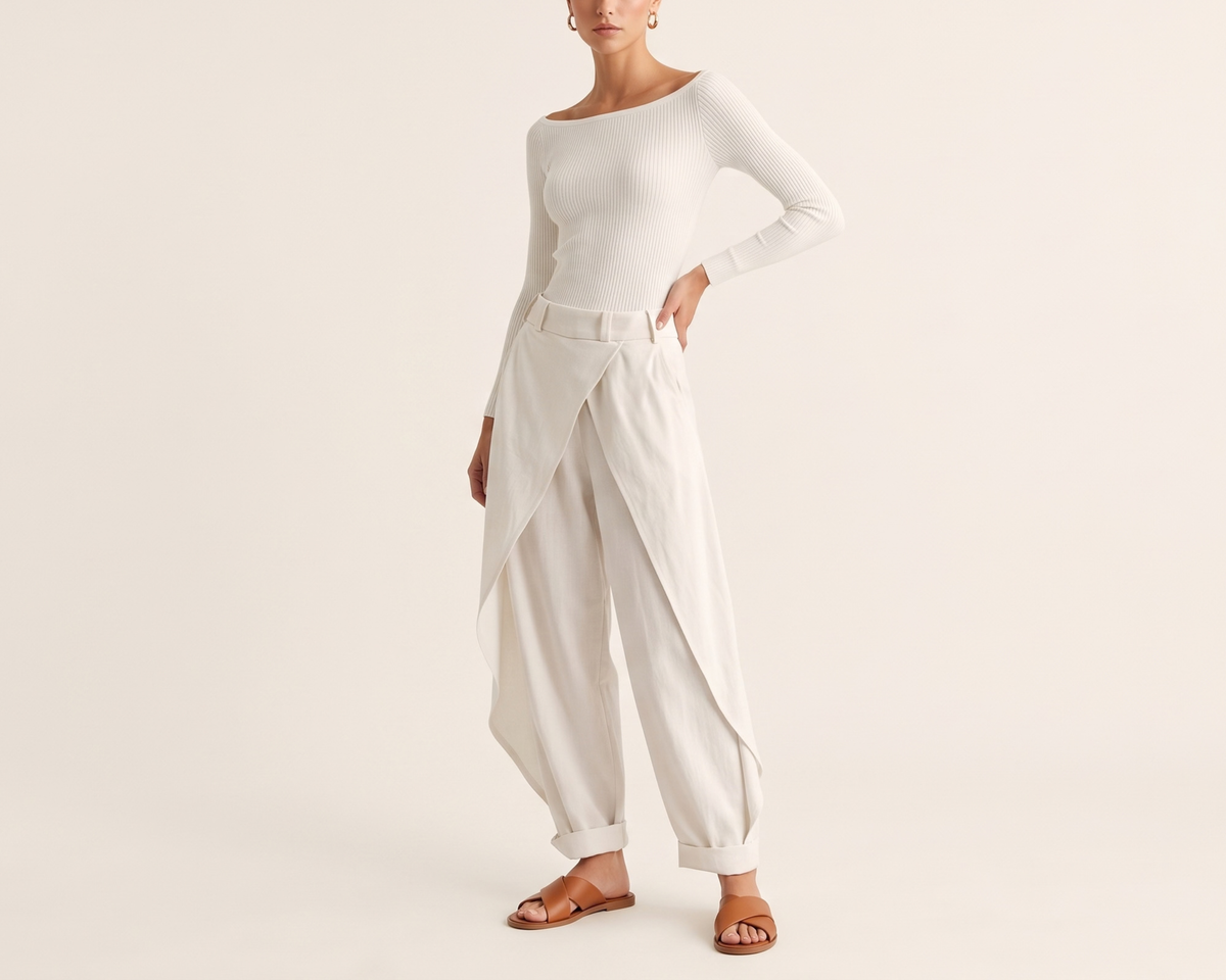 Elegant Women’s Two-Piece Set – Off-Shoulder Long Sleeve Top & Irregular Wide-Leg Pants