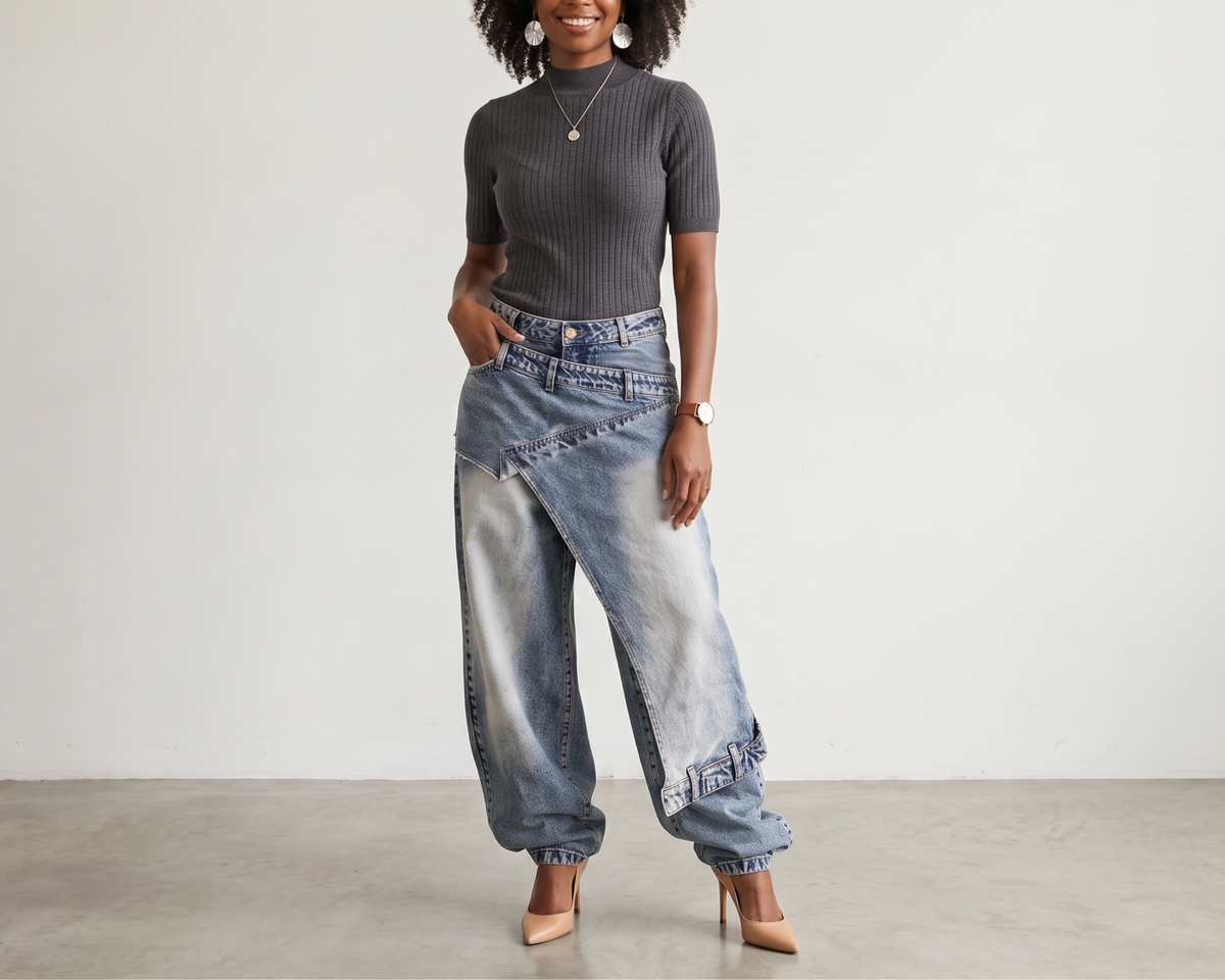 Designer-style Deconstructed Patchwork Layered Denim Jeans For Women