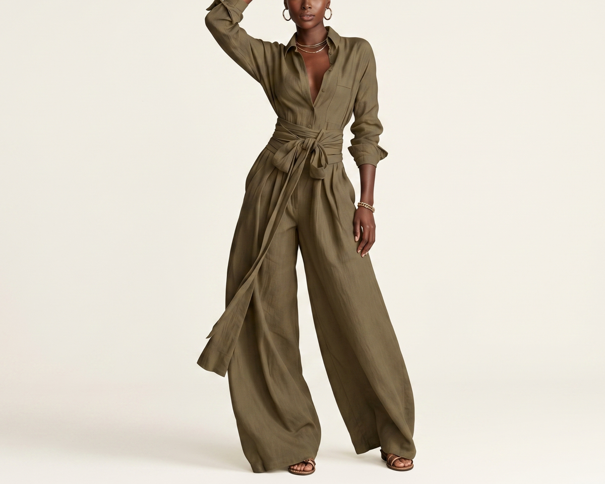 Linen Blend Wide-Leg Pants Set – Vintage Casual Two-Piece Outfit