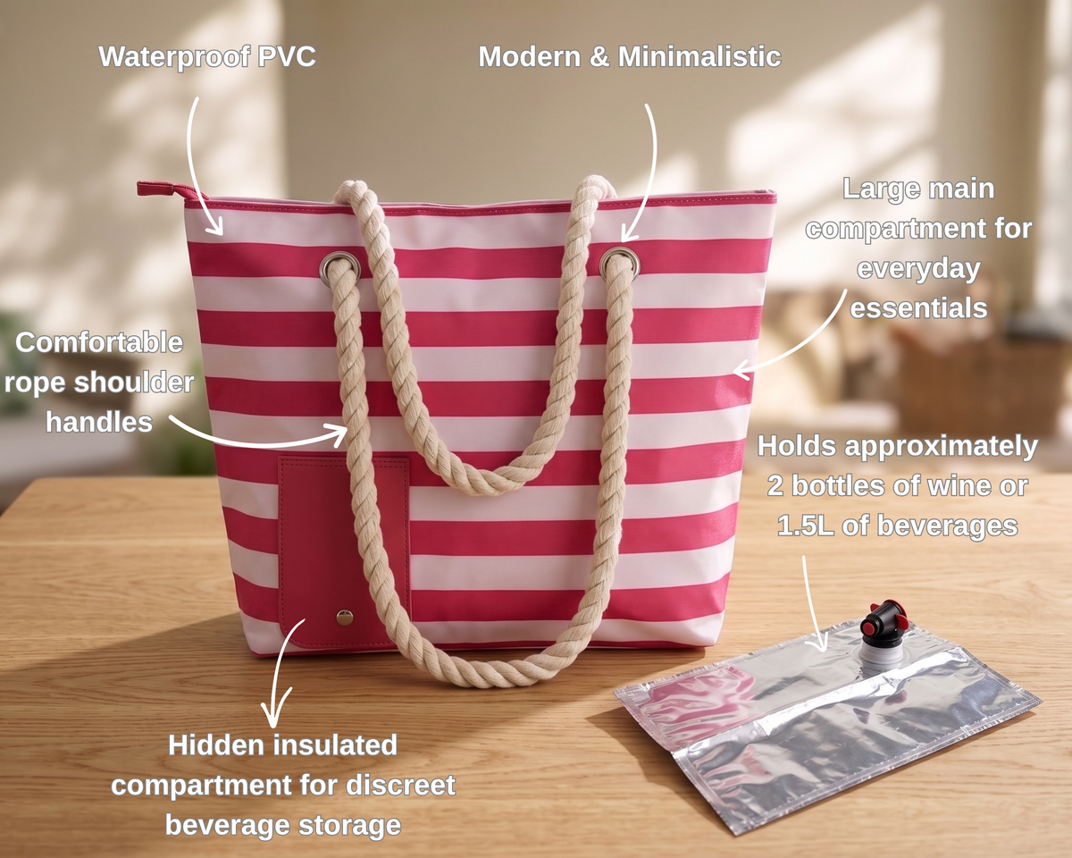 Insulated Beach Bag, Hidden Wine Tote, Waterproof Picnic Cooler, Reusable Shoulder Bag