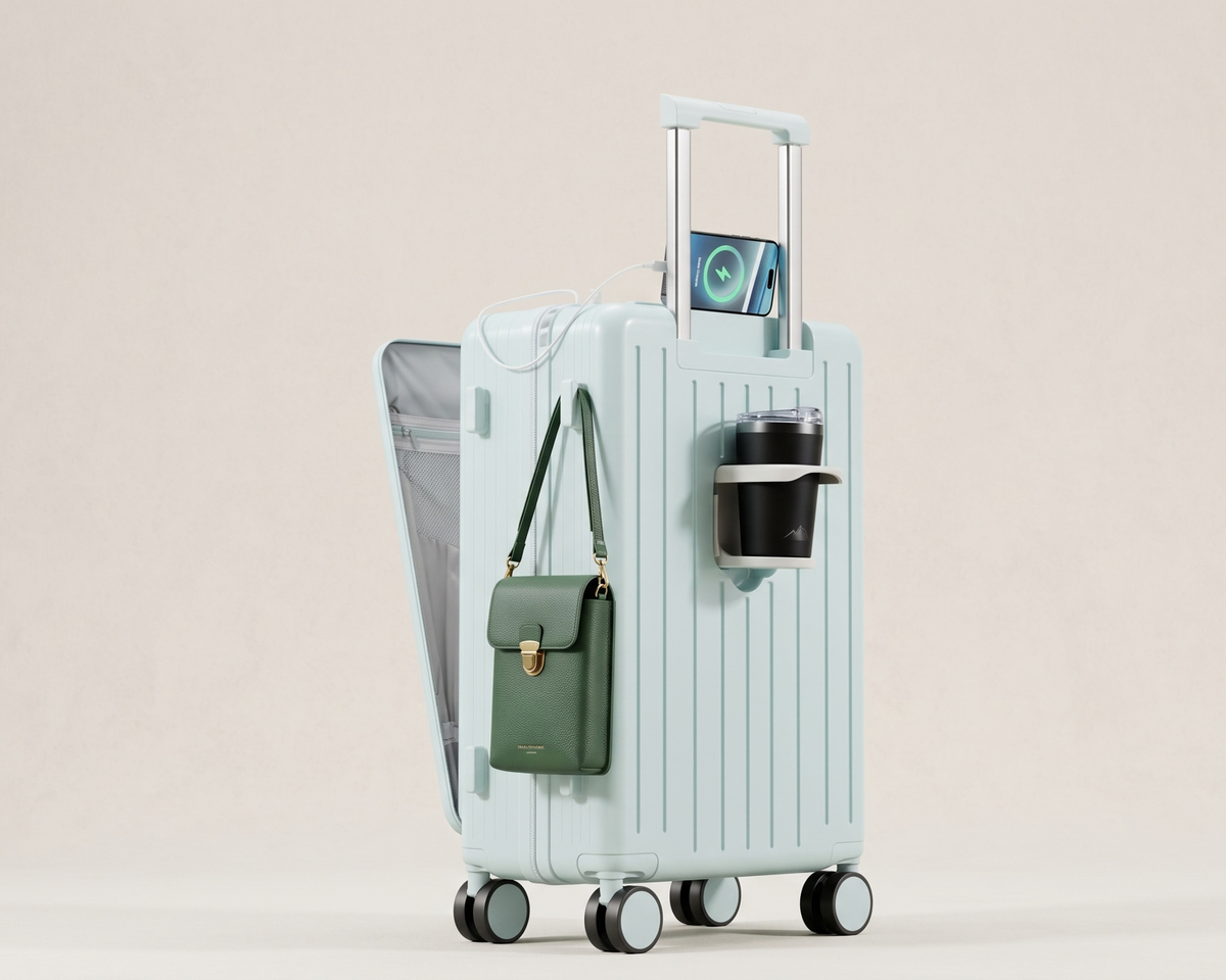 Minimalist Carry-On Luggage with Cup Holder & Phone Stand – Stylish Travel Suitcase
