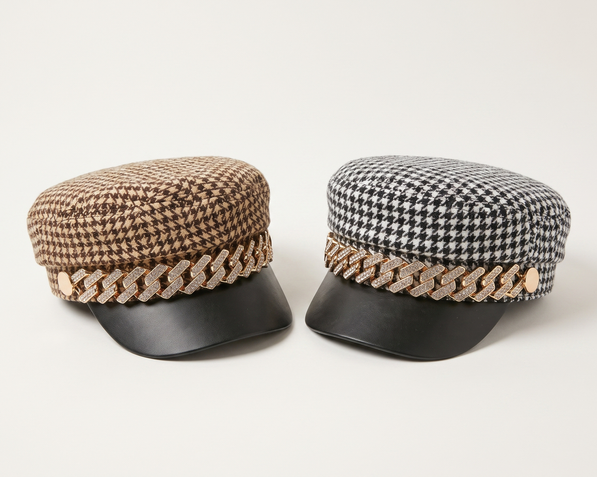 Vintage Houndstooth Newsboy Cap, Gold Chain Detail, Adjustable Baker Boy Hat