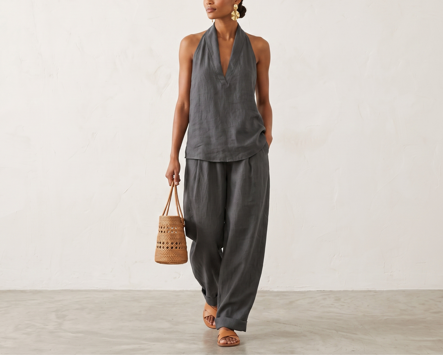 Women’s Summer Two Piece Set, Sleeveless Halter Top, Wide Leg Pants, Casual V Neck Outfit, Vacation Resort Wear