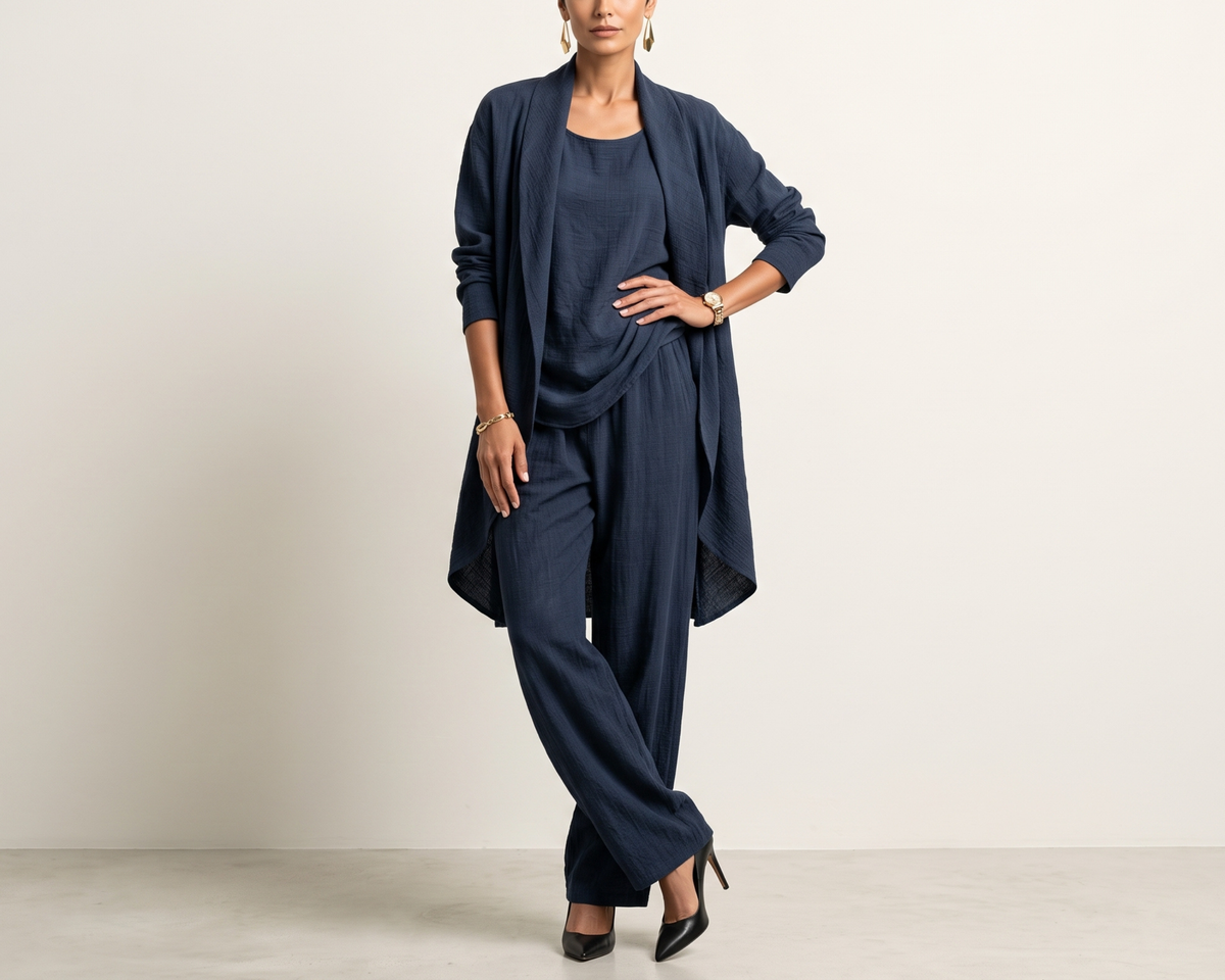 Loose-fitting Solid-color Three-piece Set Cardigan Jacket And Wide-leg Pants