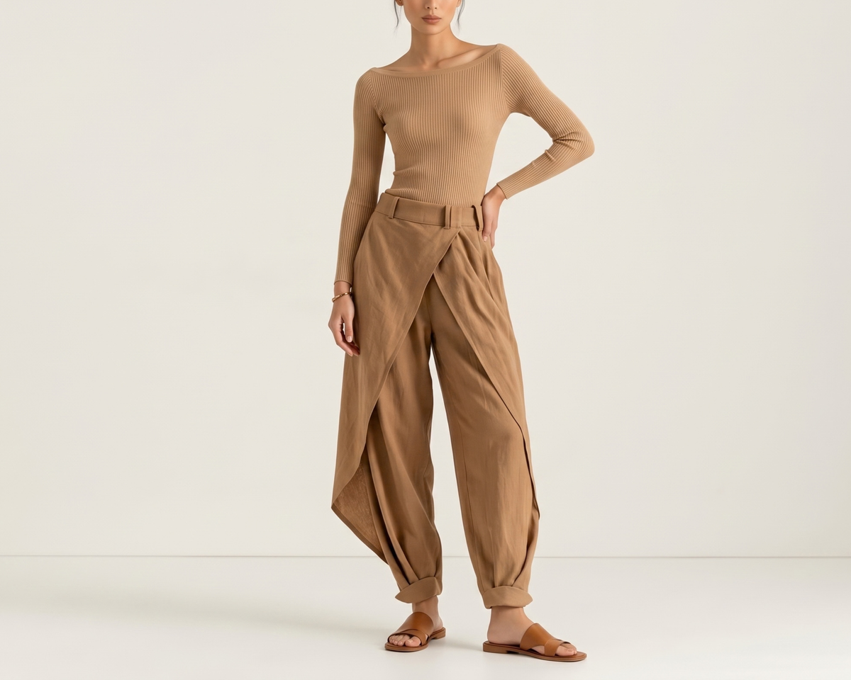 Elegant Women’s Two-Piece Set – Off-Shoulder Long Sleeve Top & Irregular Wide-Leg Pants