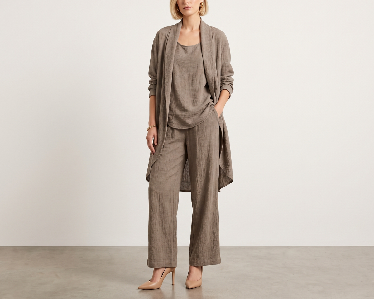 Loose-fitting Solid-color Three-piece Set Cardigan Jacket And Wide-leg Pants