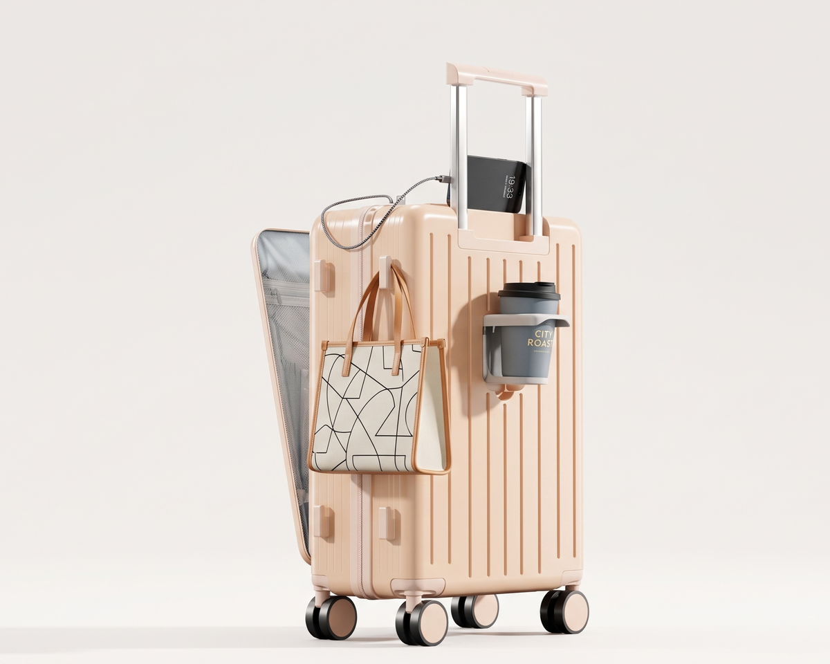 Minimalist Carry-On Luggage with Cup Holder & Phone Stand – Stylish Travel Suitcase