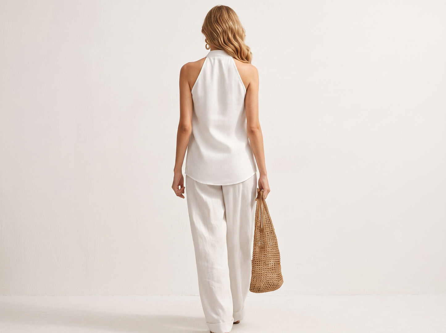 Women’s Summer Two Piece Set, Sleeveless Halter Top, Wide Leg Pants, Casual V Neck Outfit, Vacation Resort Wear